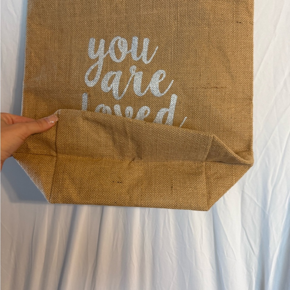 Tan Jute “You Are Loved” Tote Bag with Black Handles - Picture 5 of 9